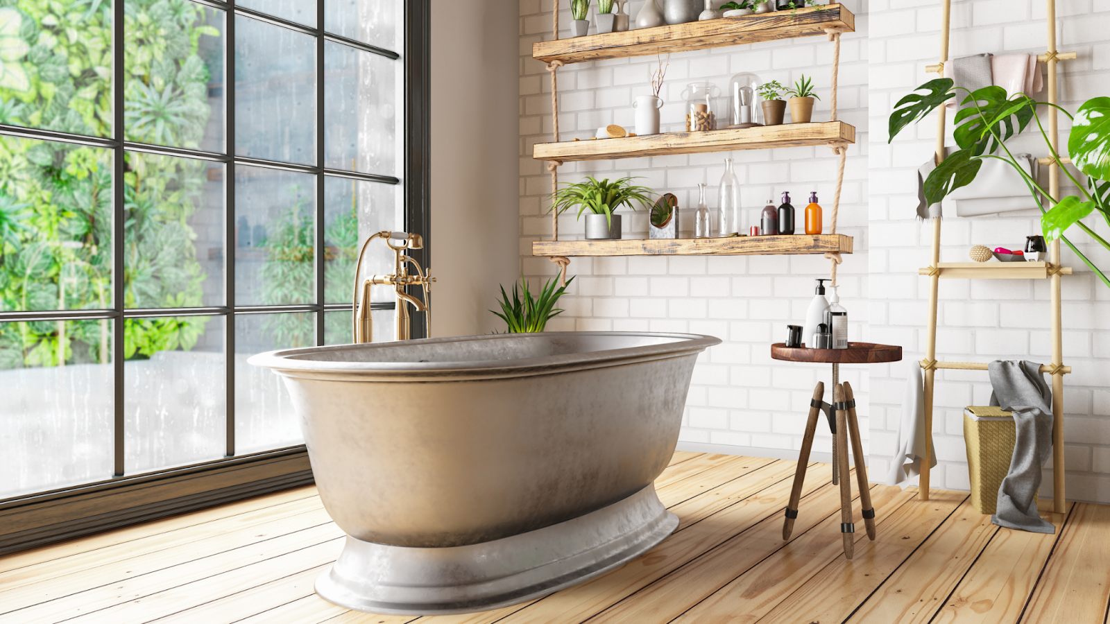 A freestanding bathtub in the center of the bathroom. 