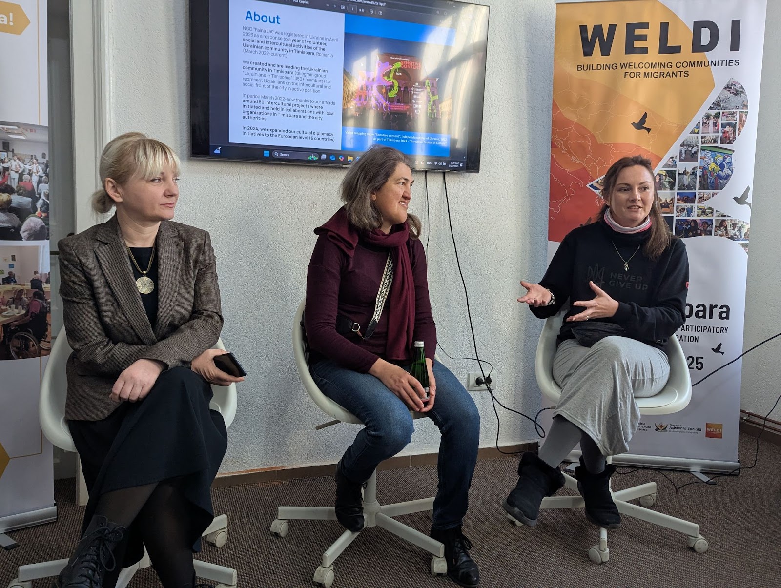 Angela Ciupa-Rad, Teodora Borghoff and Jane Rozbitskaya sharing their stories of co-creating support for Ukrainian refugees