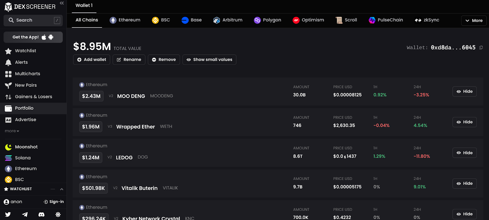 Screenshot of DEXscreener portfolio tracking