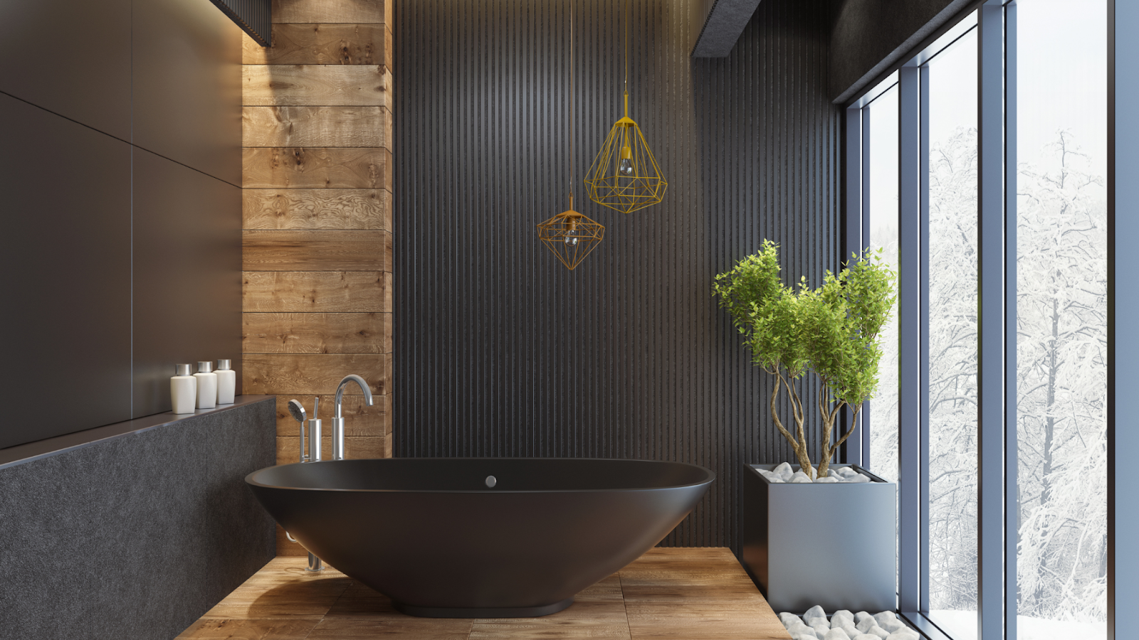 A spa-like bathroom with a black tub, unique light fixtures, and modern tiles.