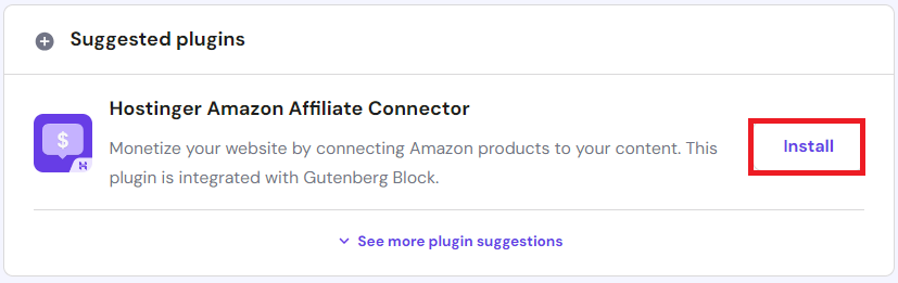 El botón de instalación del plugin Hostinger Amazon Affiliate Connector resaltado en hPanel