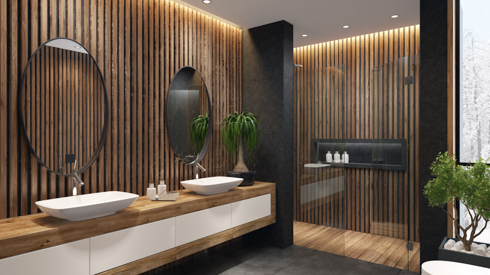 A nature-inspired bathroom with wooden cladding.