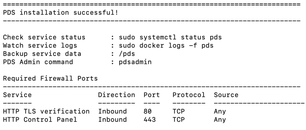 Mensagem de instalação bem-sucedida do PDS no Terminal