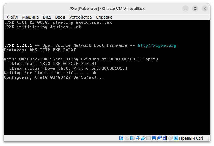 Скриншот iPXE-прошивки в VirtualBox. 