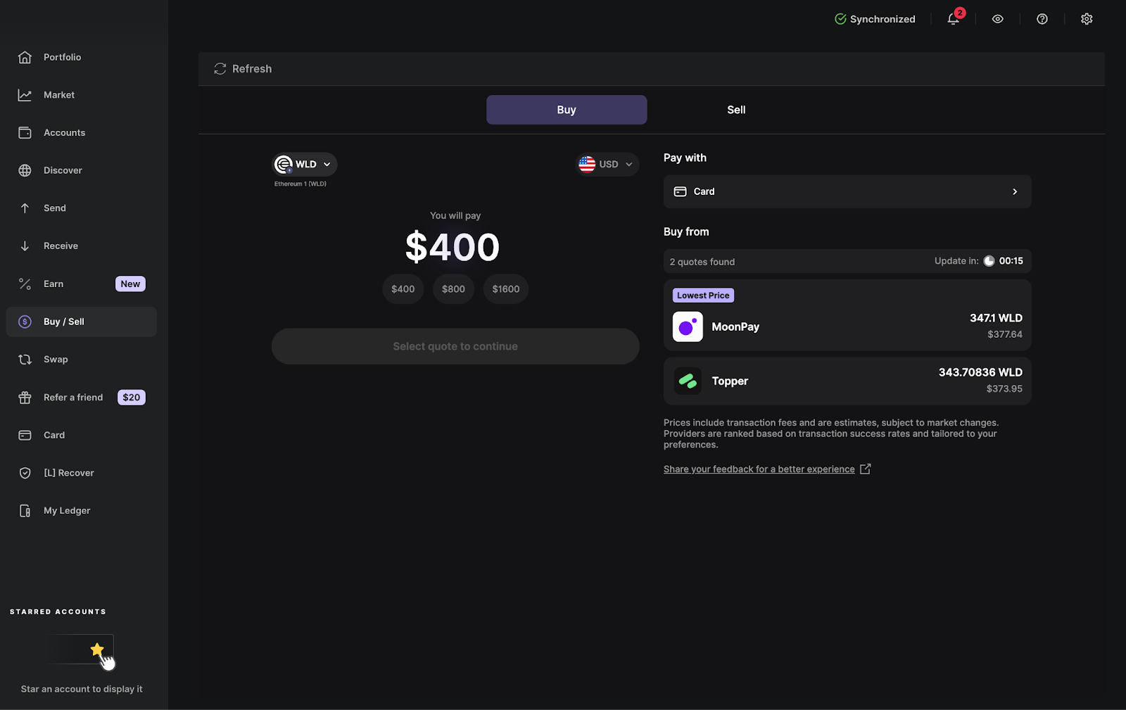 image of Buy screen for Worldcoin on Ledger Live