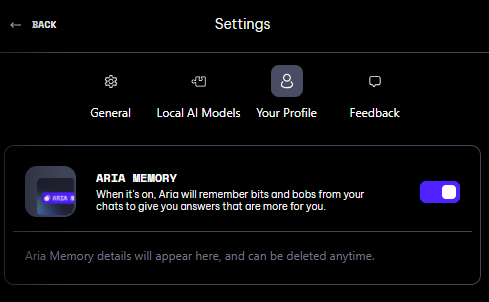 Aria AI Memory feature