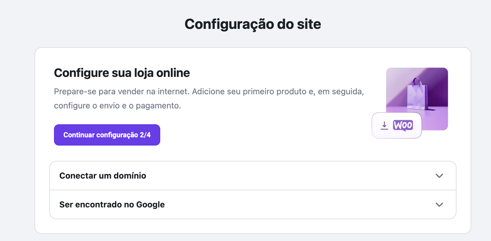 Os menus de configuração da loja online na Integração fácil da Hostinger