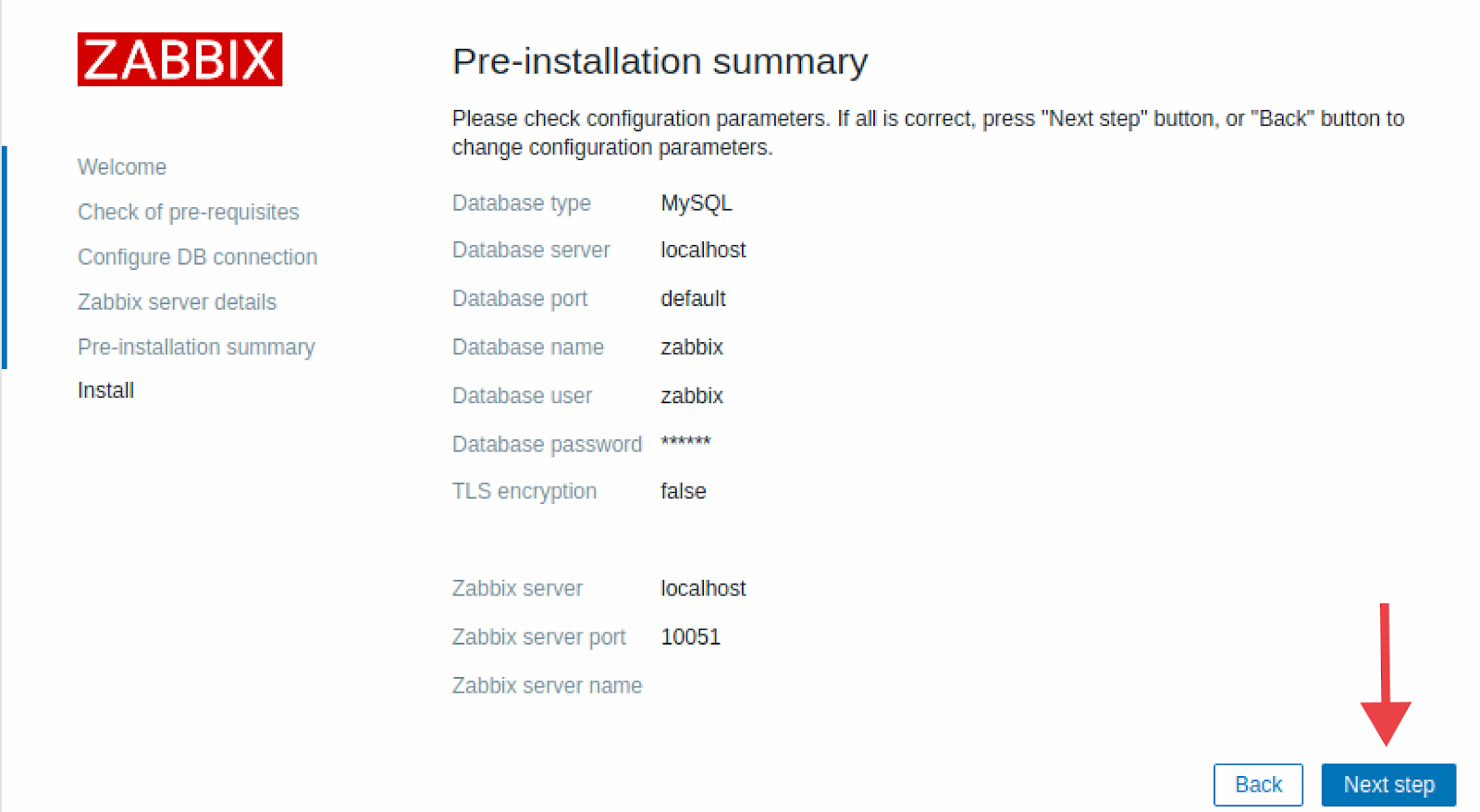 Страница Pre-installation summary.