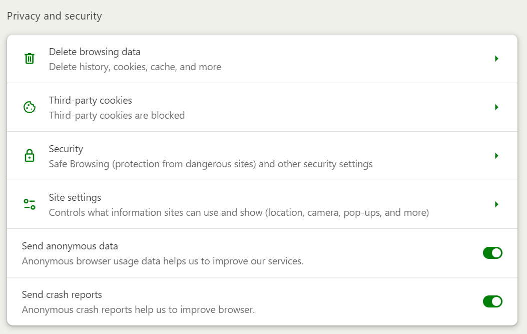 Image showing the privacy and security panel and its different settings