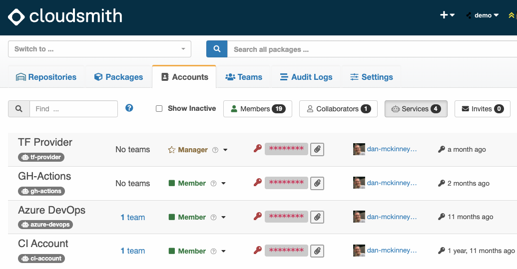 Cloudsmith UI: service accounts screen