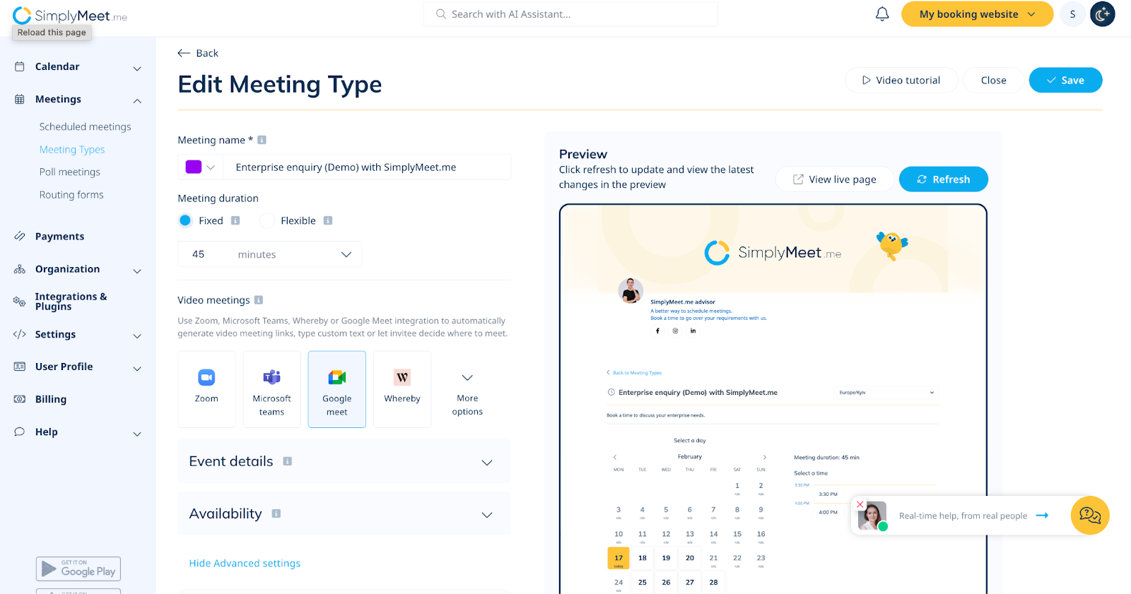 setting up meeting type process