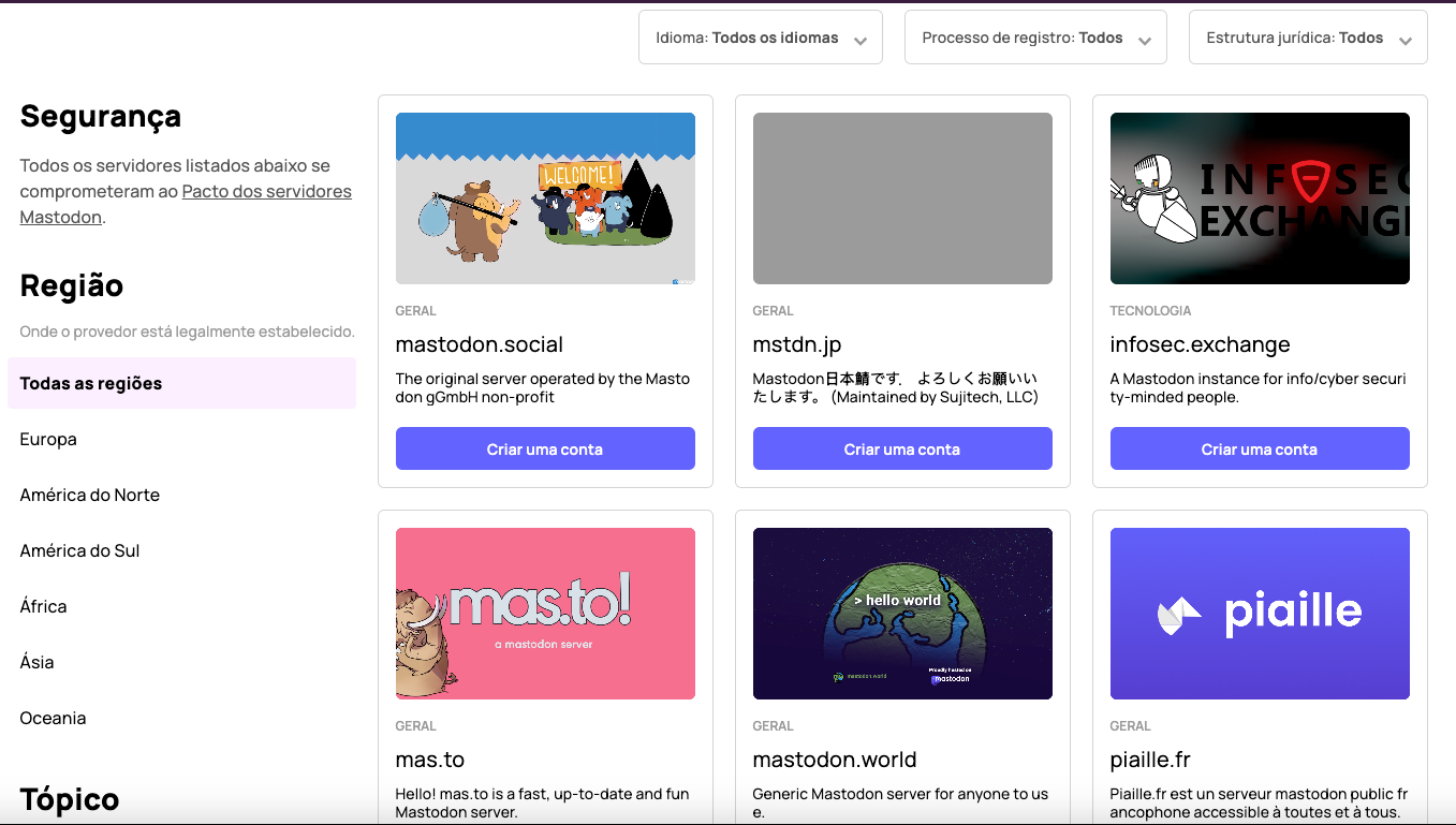 A busca de servidores do Mastodon oferece uma variedade de comunidades focadas em tópicos específicos, regiões e muito mais.