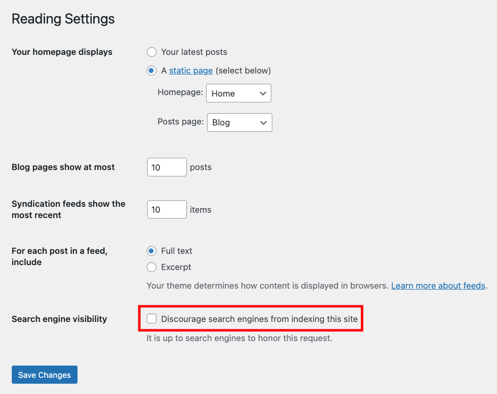 WordPress search engine visibility setting
