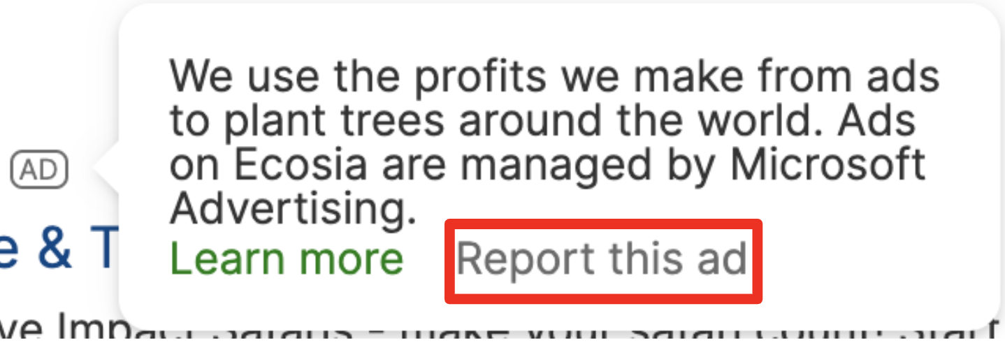 Screenshot Report ad to Ecosia's result provider