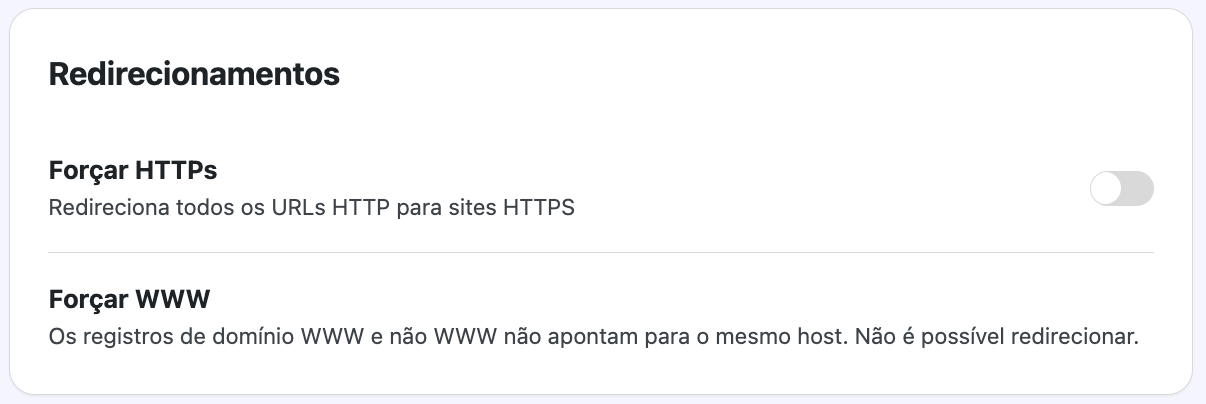 As configurações de Forçar HTTPS e WWW no painel do plugin Hostinger Tools