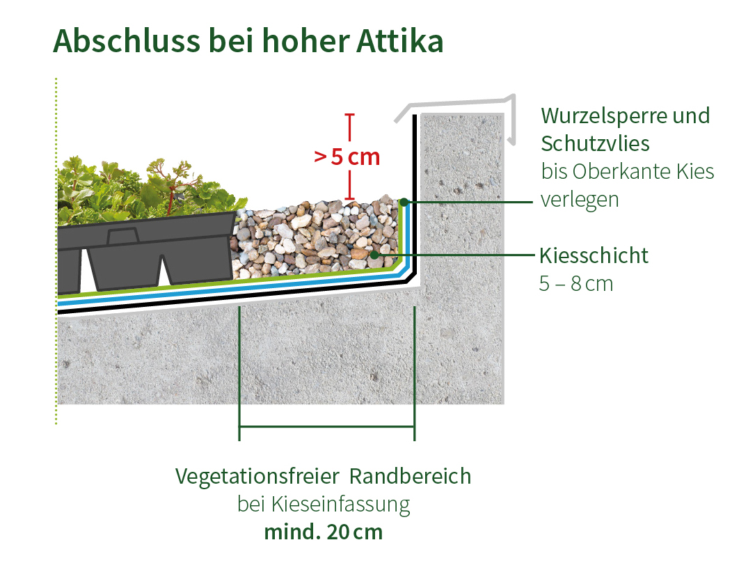 Dachbegrünung: Abschluss bei hoher Attika: 5cm