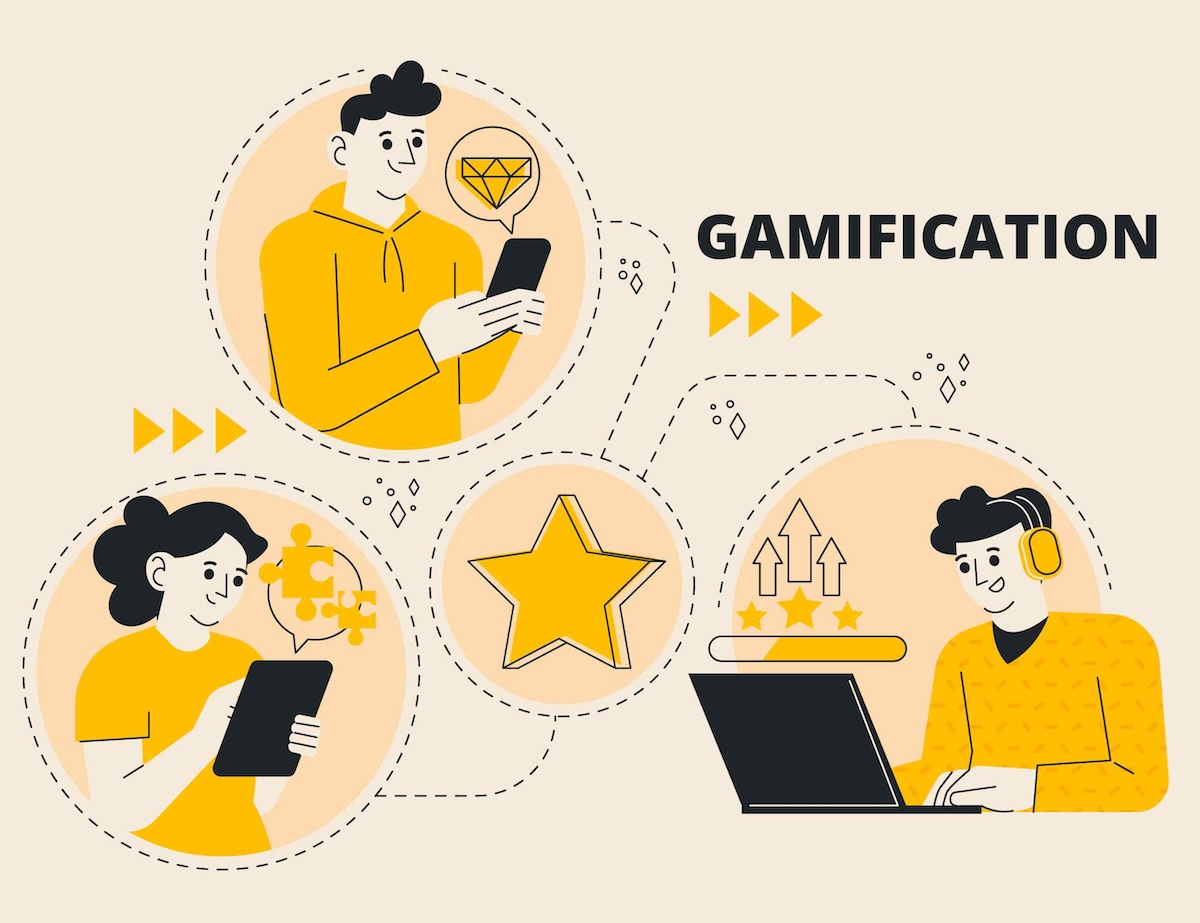 Hand-drawn illustration showcasing gamification elements, including a trophy, badges, and a progress bar in a playful design.