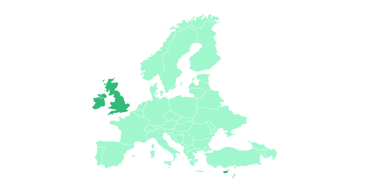 Driving side map. Right-hand drive countries in Europe marked by dark green