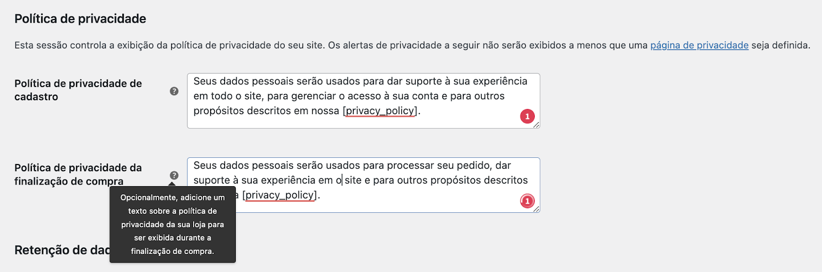 Comfiguração de privacidade no WooCommerce