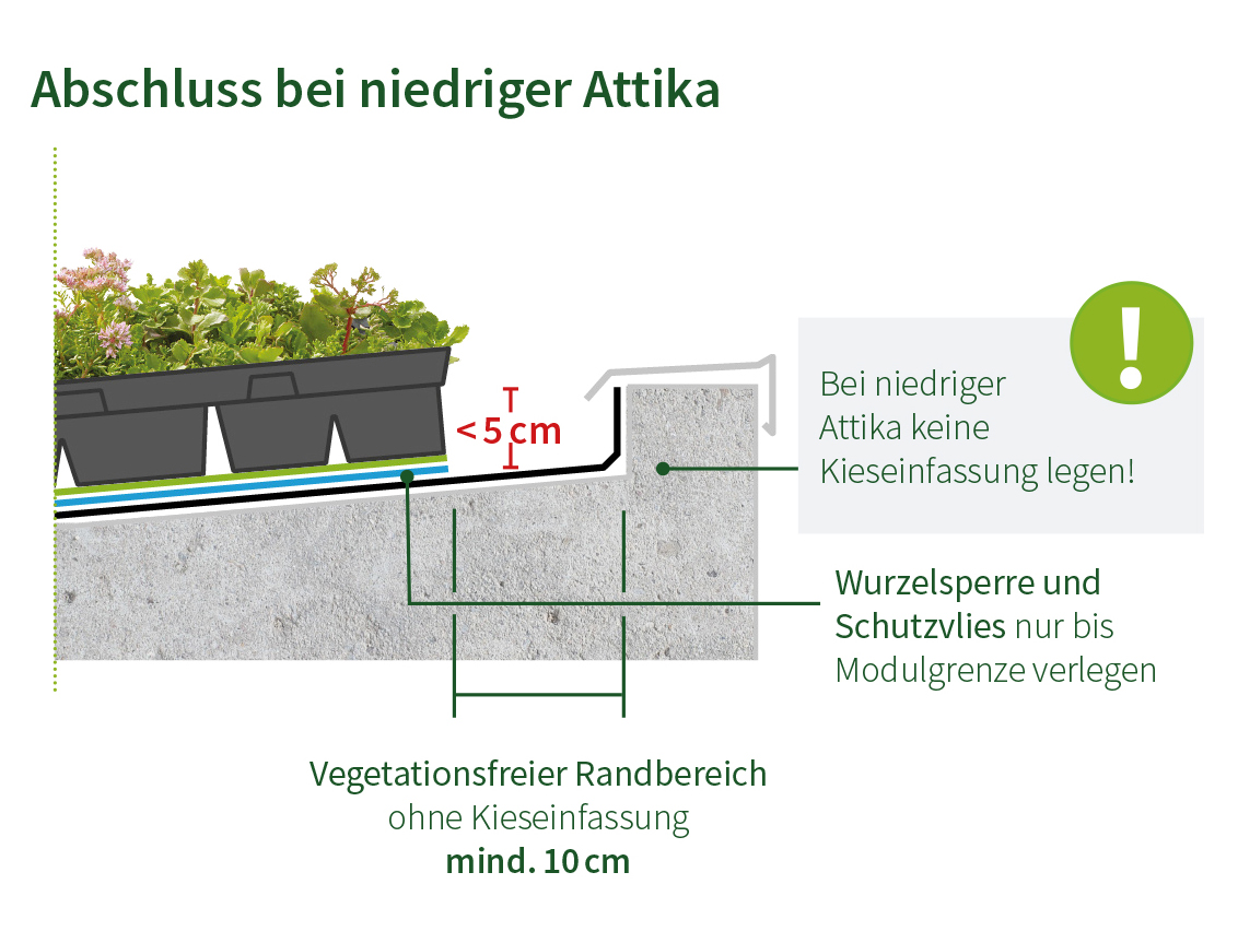 Dachbegrünung: Abschluss bei niedriger Attika: 5cm