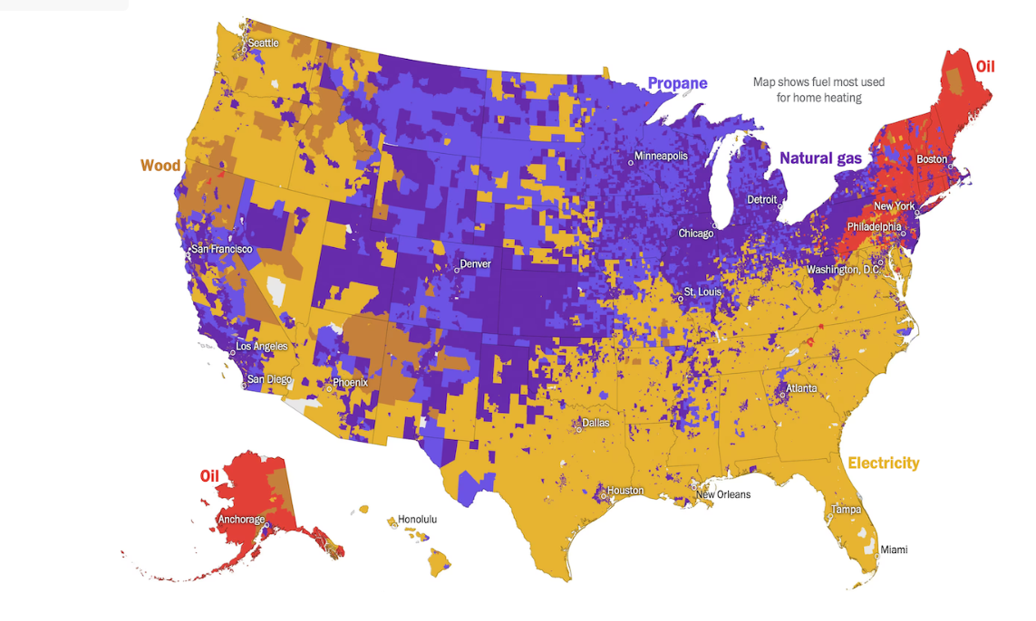 map shows the dominant fuel for heating around the US