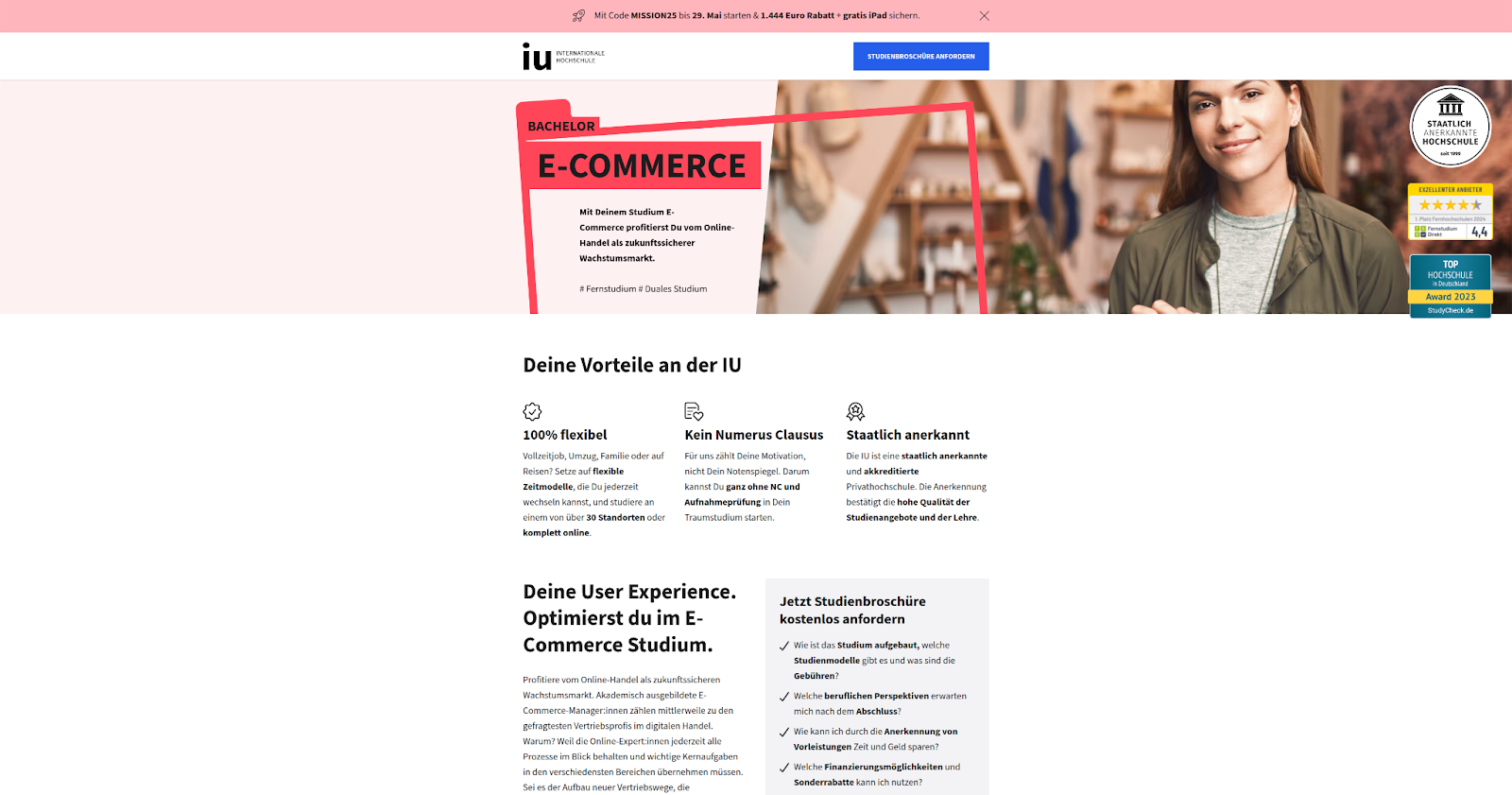 Landing Page zum E-Commerce Bachelor Studiengang