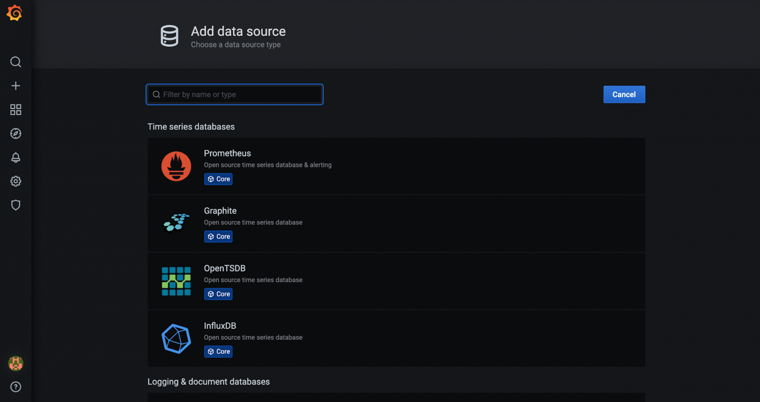 Список источников данных в интерфейсе Grafana.