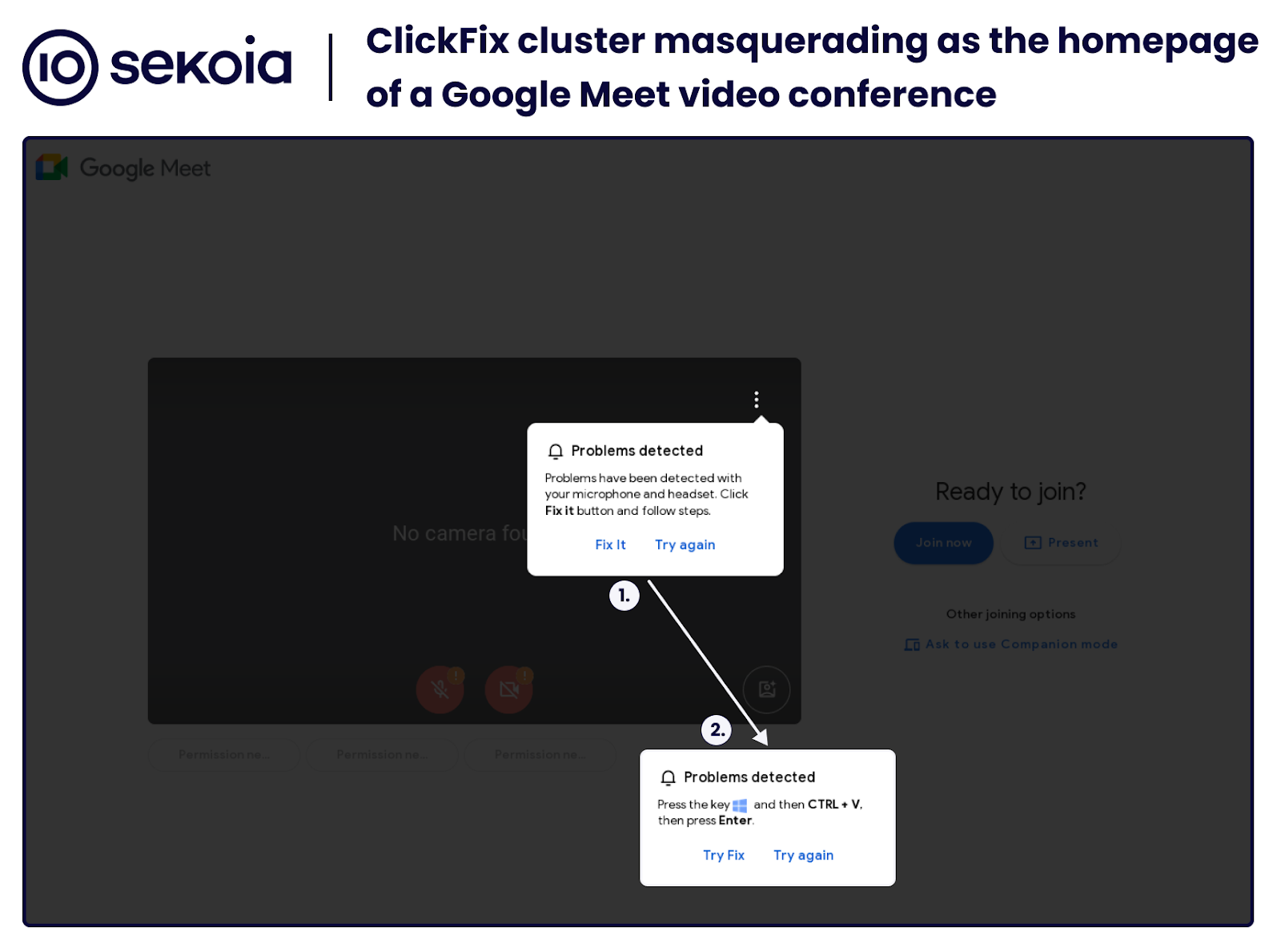 Fake homepage of a Google Meet video conference displaying a pop-up faking technical issues (ClickFix)