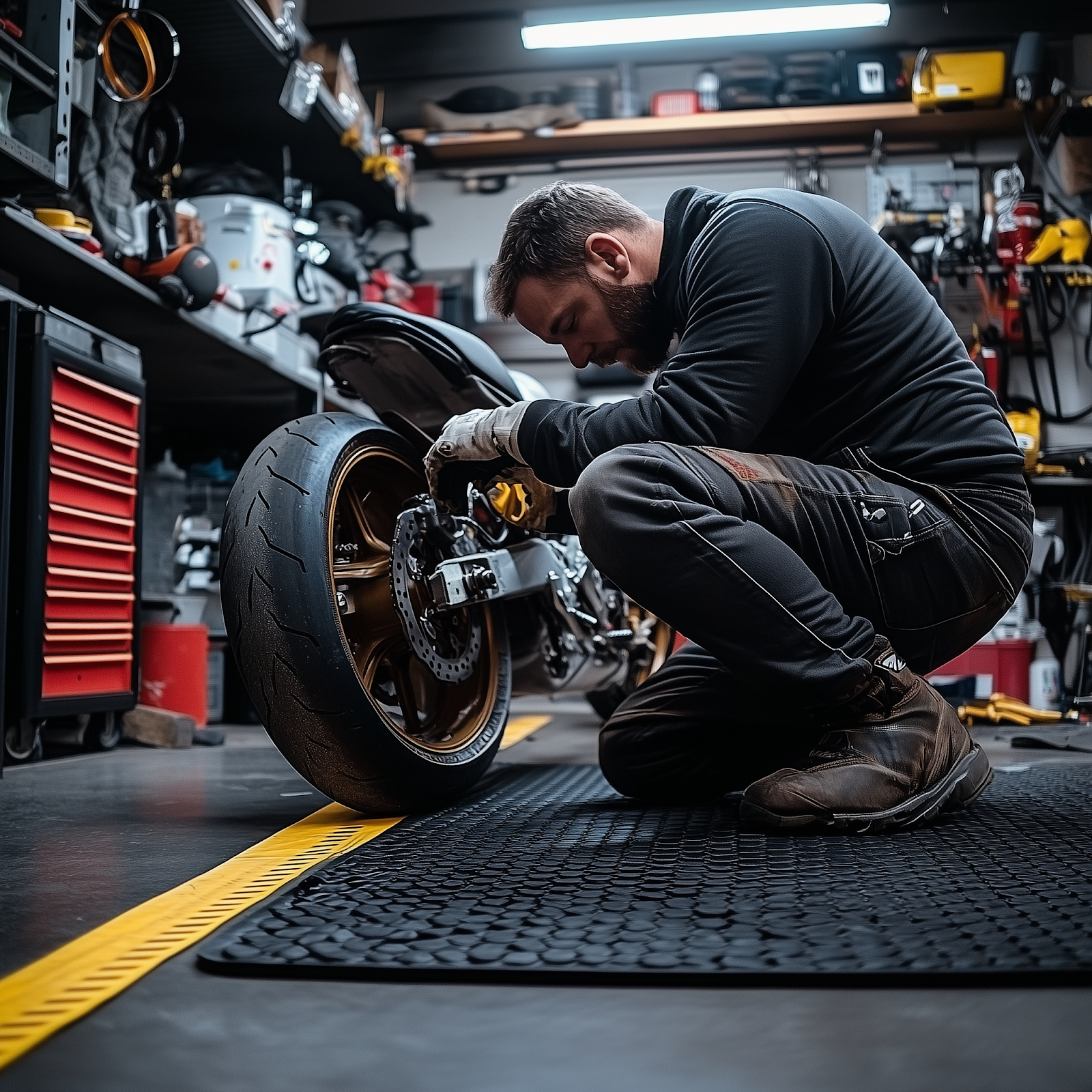 un garagiste faisant le contrôle technique d'une moto