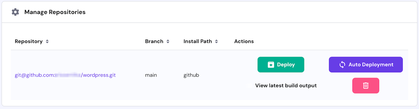 The repository management menu on hPanel's git configuration page