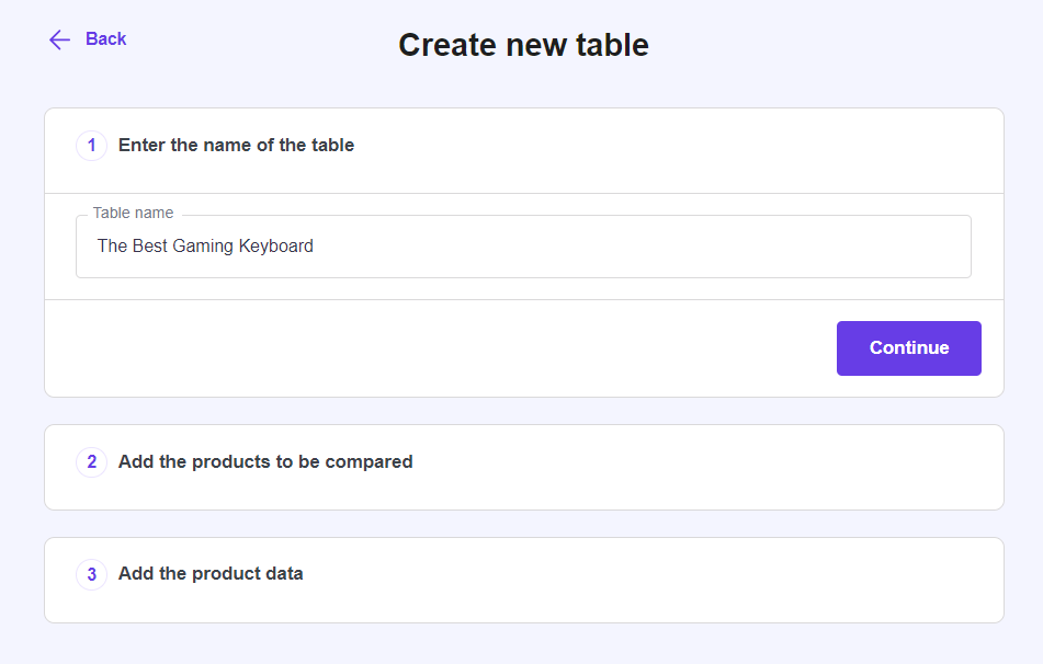 El menú Crear nueva tabla para crear una nueva tabla comparativa utilizando el plugin Hostinger Amazon Affiliate Connector.