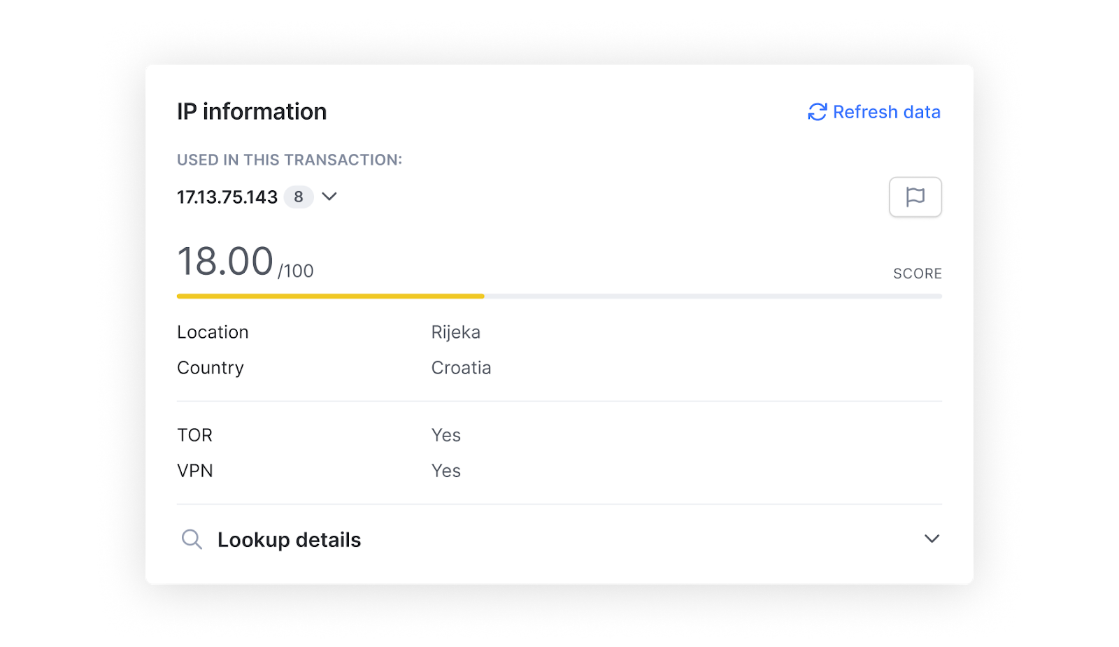 SEON Dashboard showing IP information