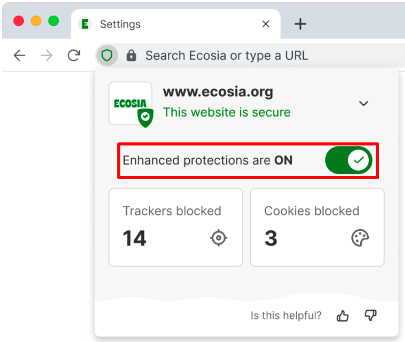 Image showing the privacy panel, showing whether the website is secure,, the amount of trackers and cookies blocked