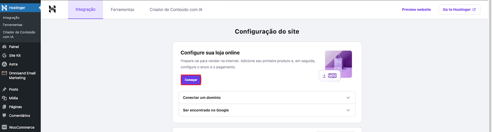 Página inicial de integração para WooCommerce da Hostinger