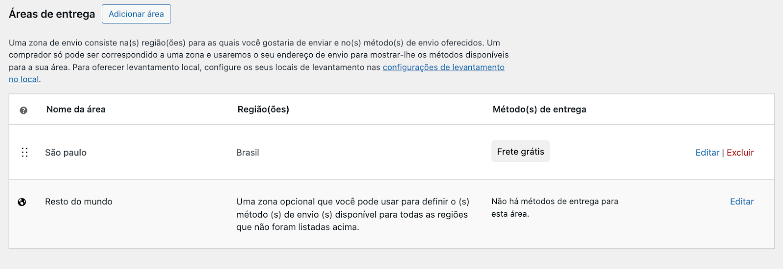 Áreas de entrega no WooCommerce