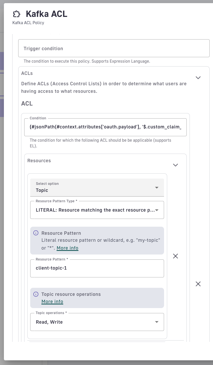 Adding an ACL so the client can only access the “client-topic-1” topic with both Read & Write permissions 