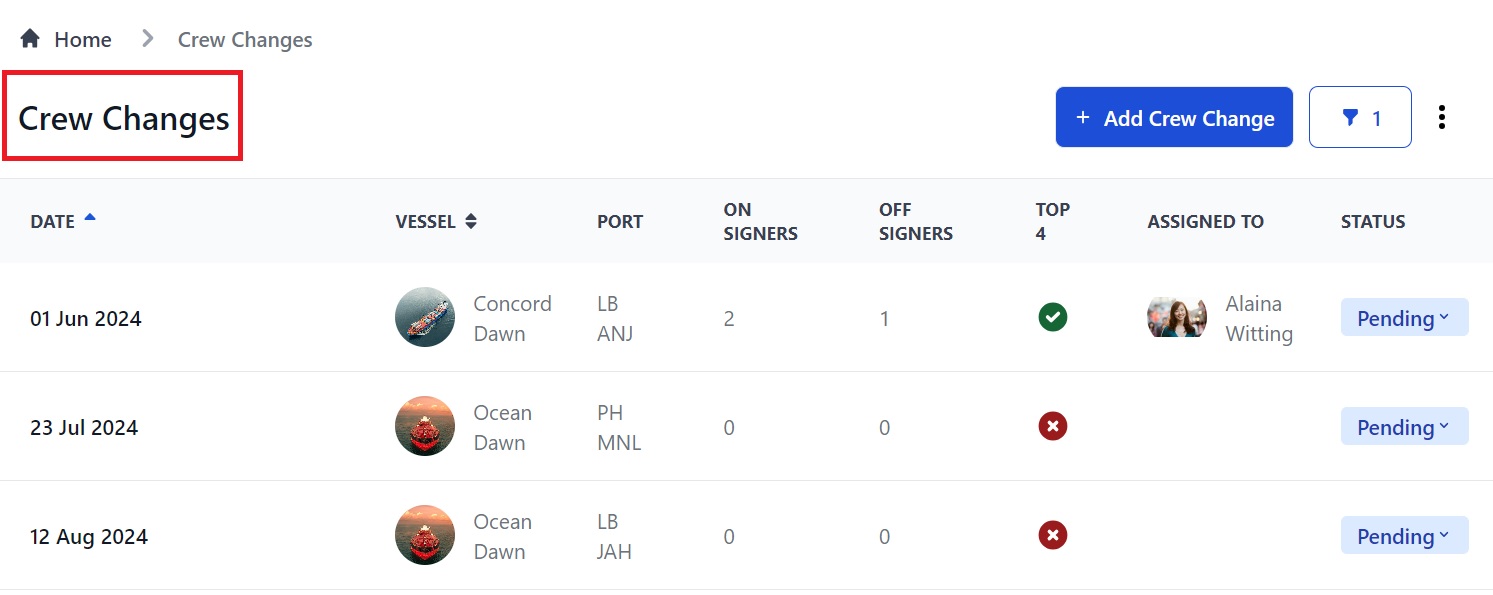 The Crew Change Type page in Martide's maritime crew management and crew planning software solution.