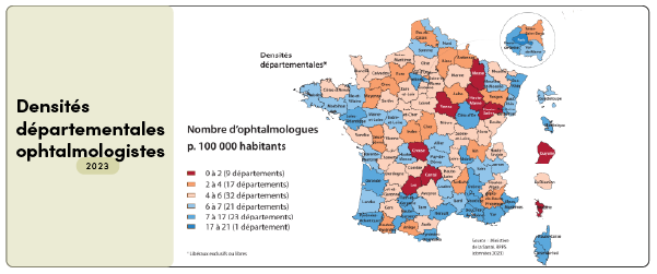 Carte densités départementales ophtalmologistes France 2023 - déserts médicaux ophtalmologie