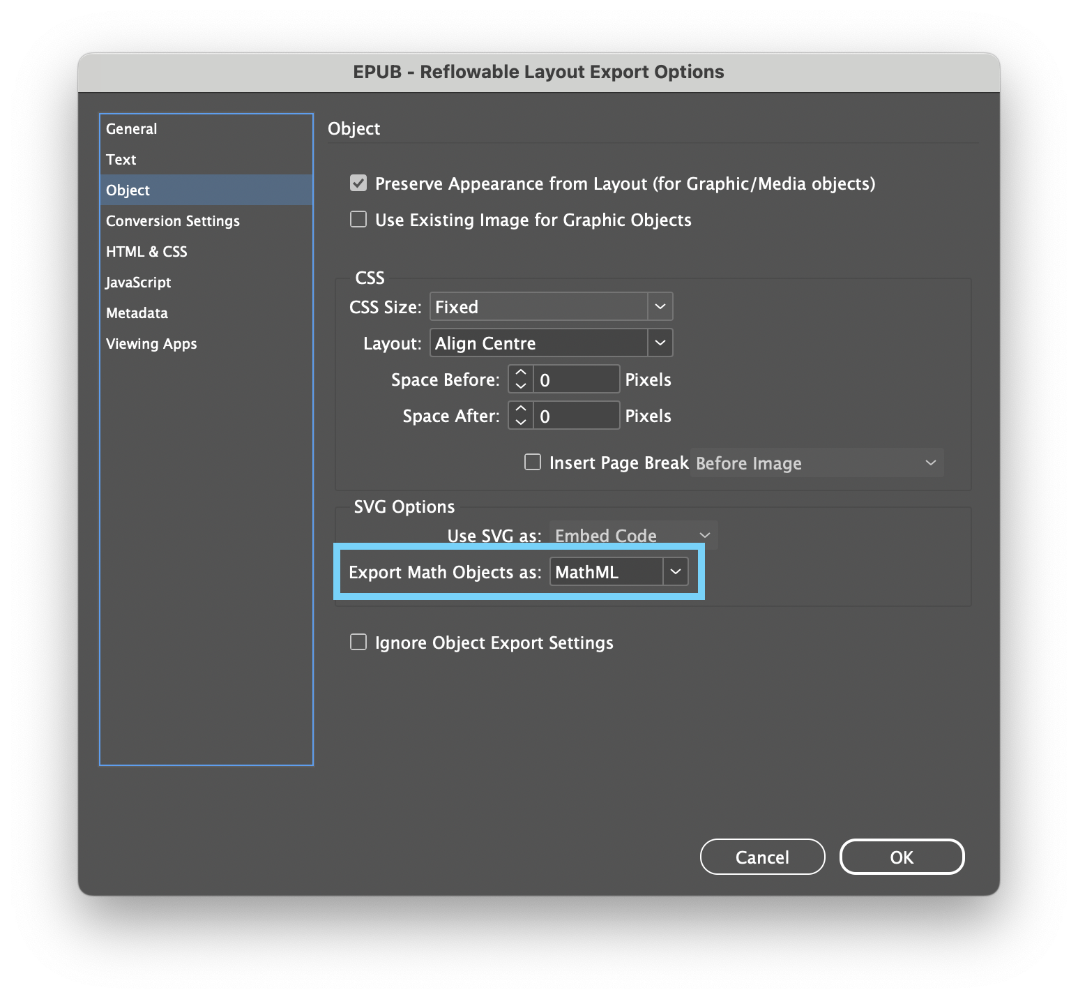 The Reflowable Layout Export Options Dialog highlighting the option to export as SVG or MathML