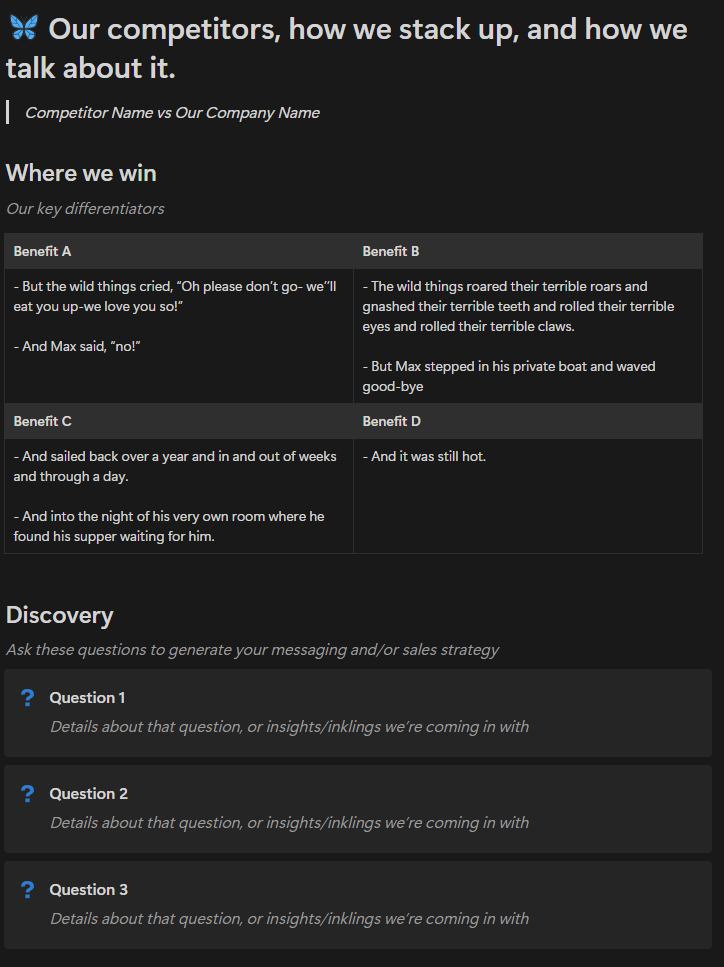 Competitor battlecard template from Notion