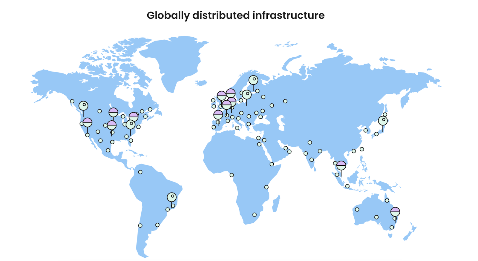 Image displaying a globally distributed infrastructure of servers on a world map. 