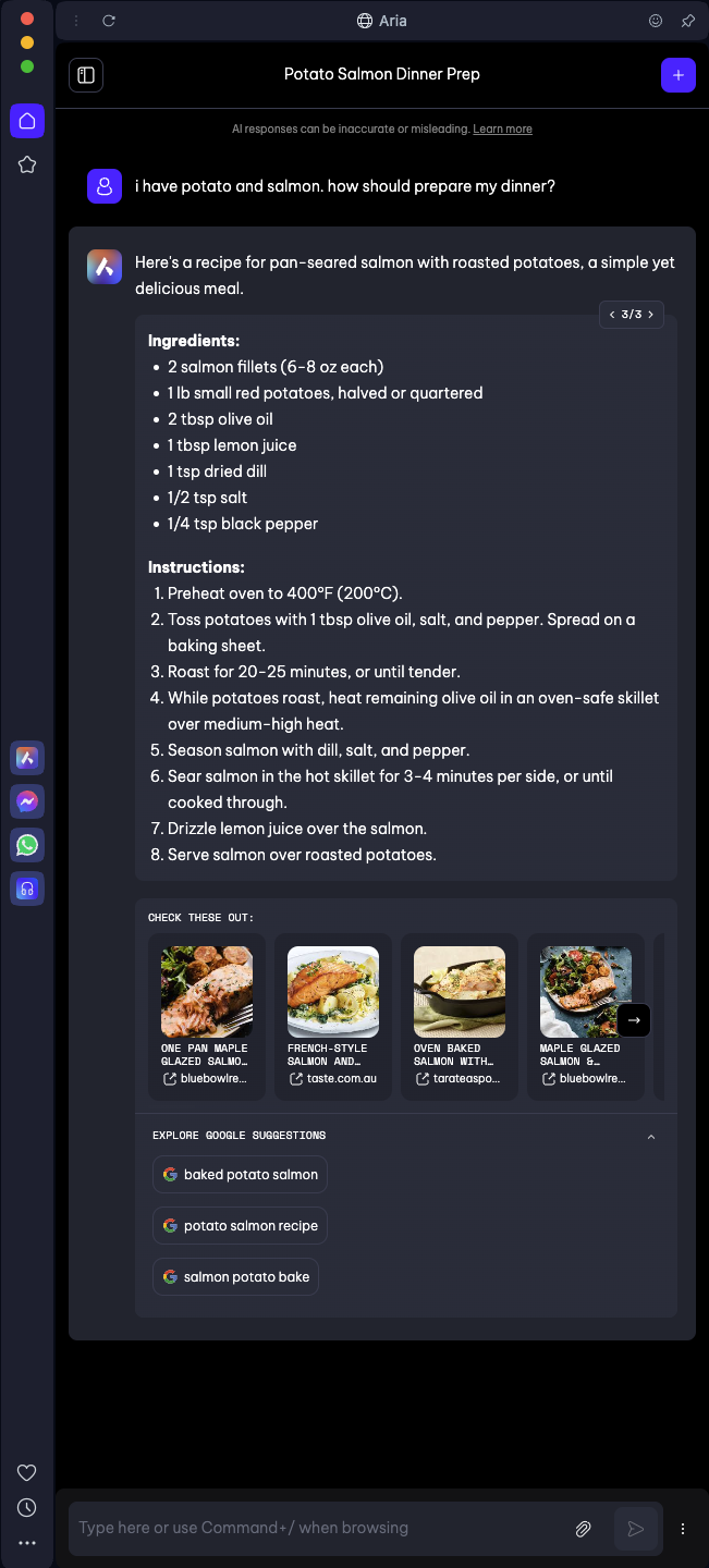 Aria's new capabilities give you a better answer when looking for recipes.