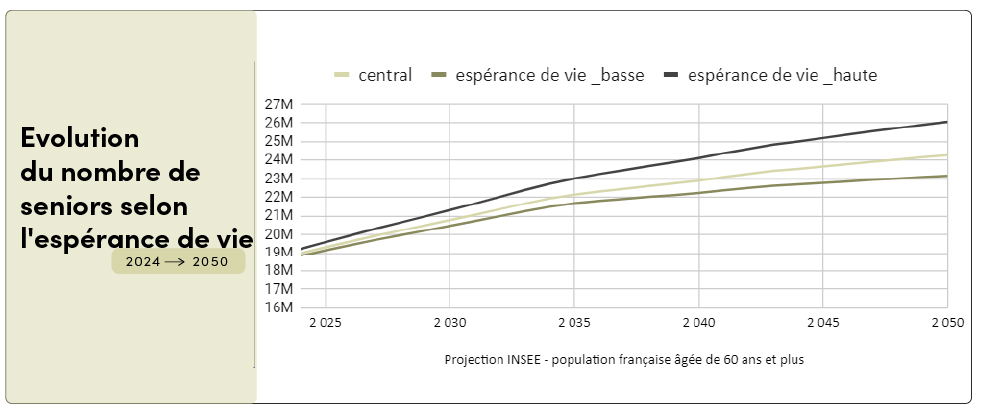 Graphique évolution population seniors France 2024-2050 selon espérance de vie - projection INSEE