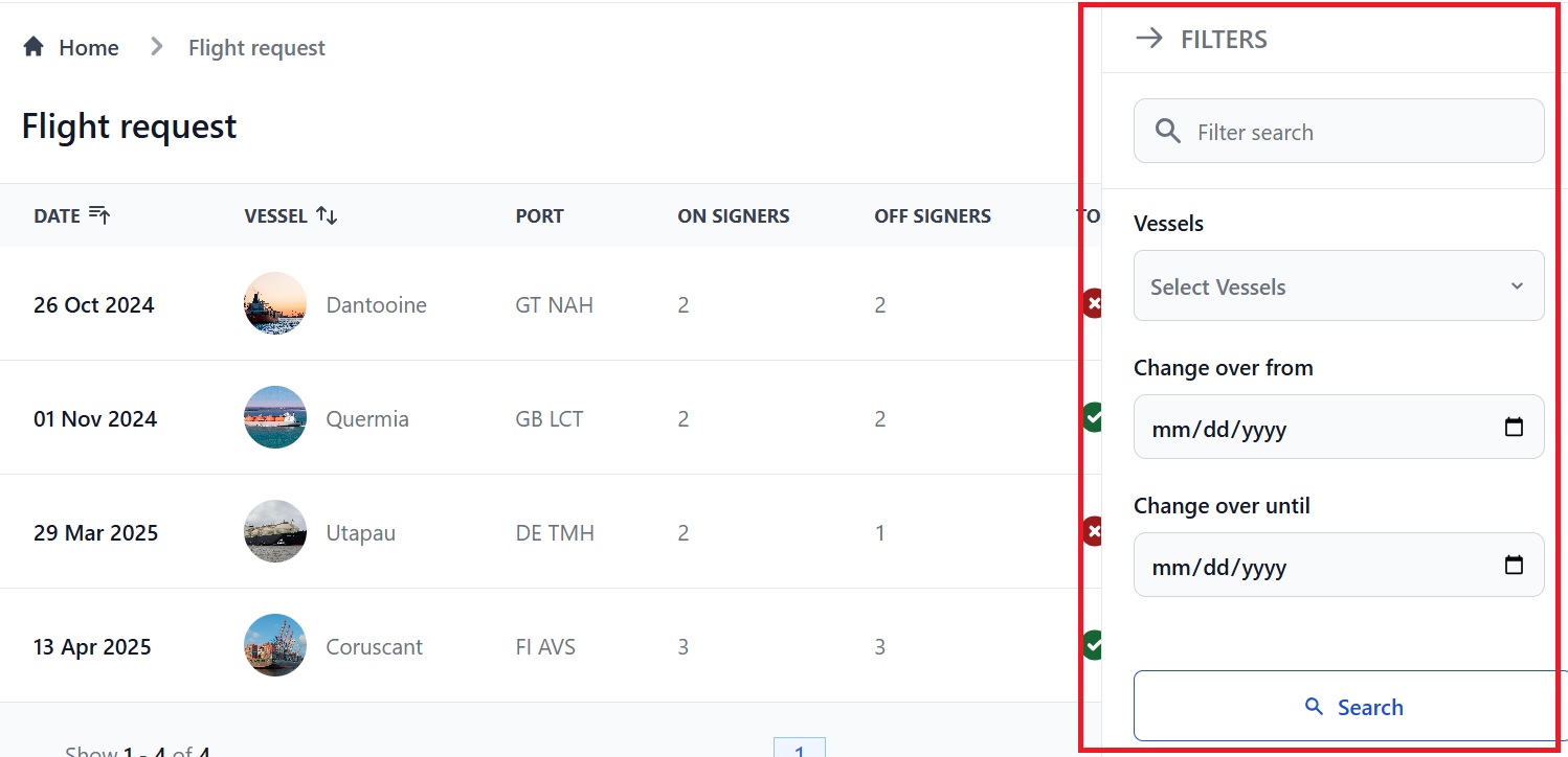 screenshot of Martide's maritime crew management software showing the travel agent flight request feature