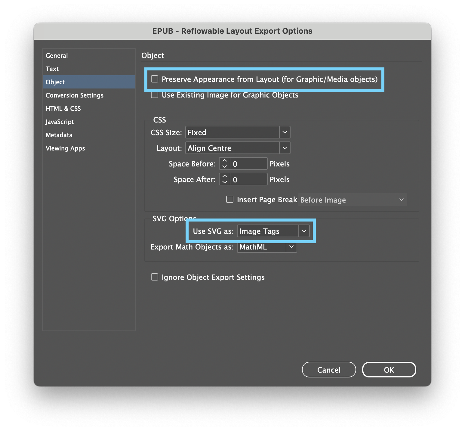 The Reflowable Layout Export Options Dialog 