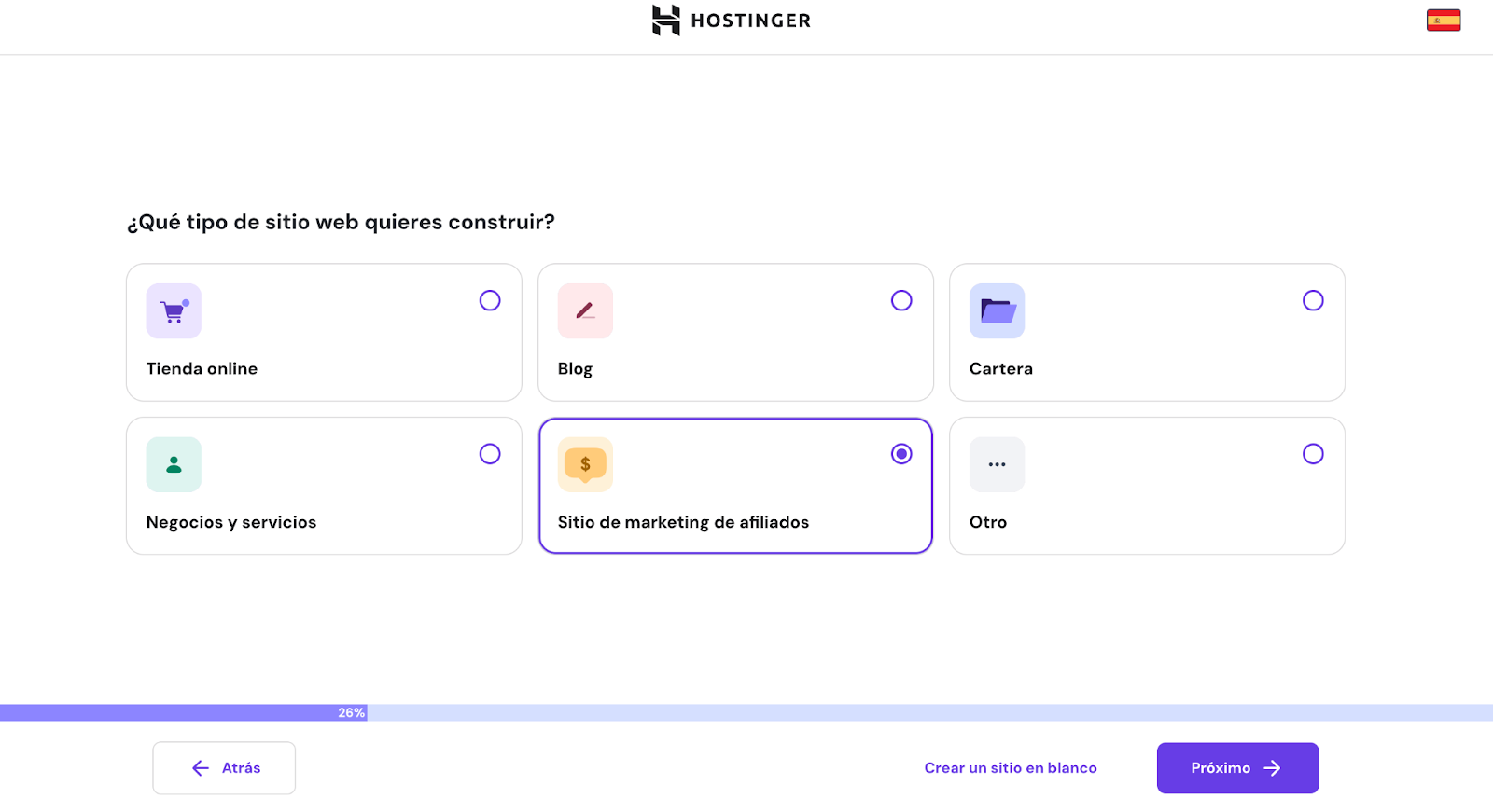 Página de incorporación de Hostinger