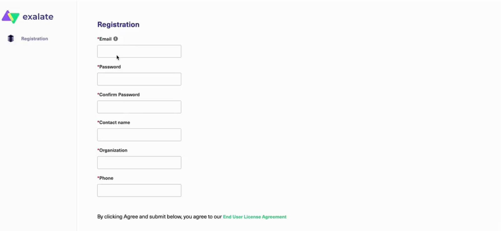 registration page for Exalate EULA