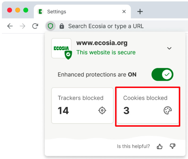 Image showing the privacy panel, showing whether the website is secure,, the amount of trackers and cookies blocked