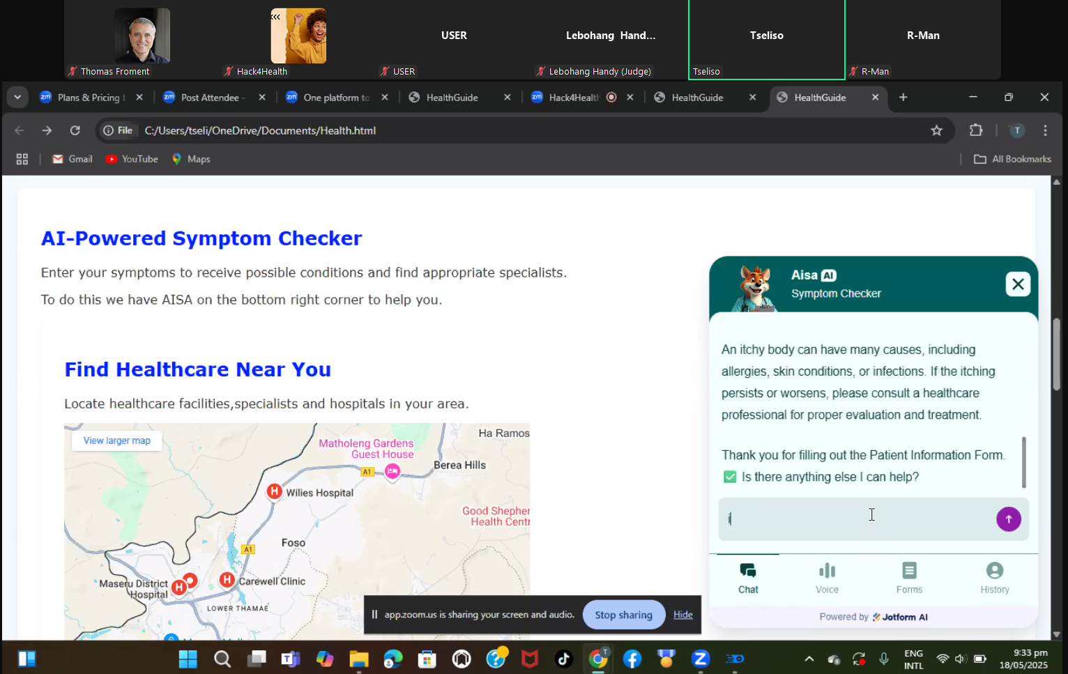 demo 2: an AI powered symptom checked, with map location