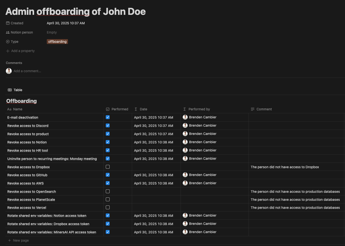 Example offboarding template for an employee